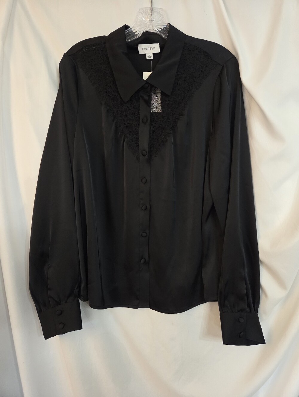 Evereve Bella Lace Trim Black Detail Button Blouse NWT Size L